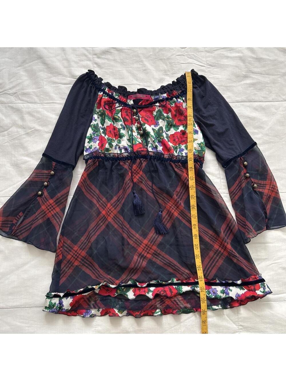 Anna Sui Navy Plaid Floral Bell Sleeve Blouse Whimsigoth Size S Japan - Picture 6 of 6